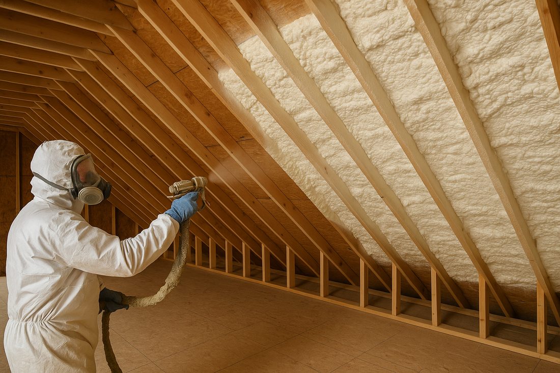 Spray foam insulation being applied to an attic roofline